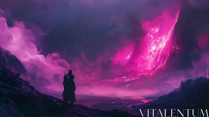 Wanderer gazes into vast neon rift on alien horizon.