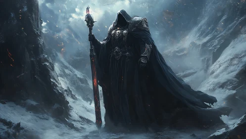 Dark warlock stands in frozen canyon beneath storm light