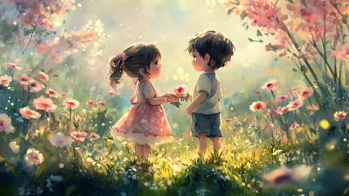 Two Children Exchanging Flowers in Blooming Floral Field