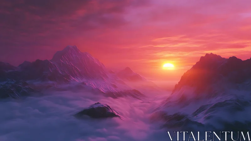 Dreamy sunrise drifting over misty violet mountains.