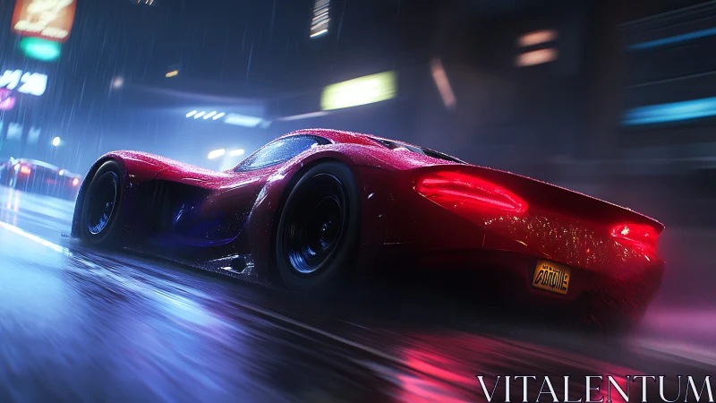 Midnight red supercar glides through neon-lit rainy streets
