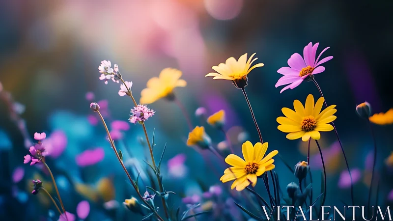 Wildflower field with selective focus on pink and yellow daisies
