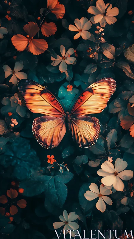 Radiant butterfly poised amid teal foliage and warm blooms.