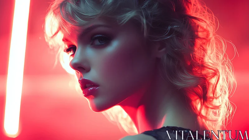 Neon-lit siren in electric red glow and cinematic close-up.