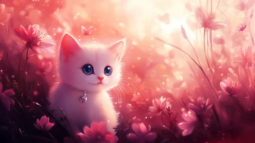 White Kitten in Luminous Bloom Field: Fantastical Digital Rendering.