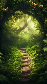 Forest Tunnel Pathway: Lush Vegetation Frames Golden Sunlight.