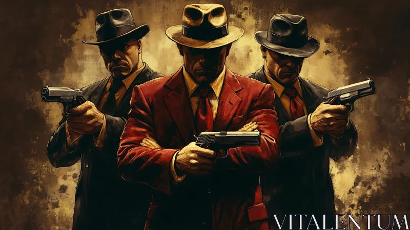 Three armed mobsters stand in dramatic noir-style tension