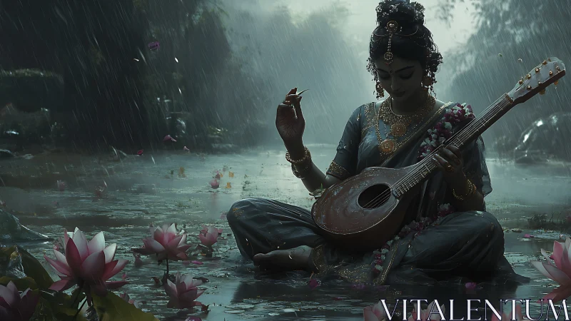 Serene musician seated in rain among lotus flowers at dusk.