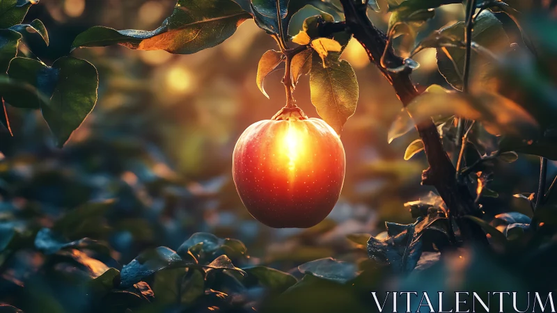 Glowing apple hanging on branch in dense evening orchard