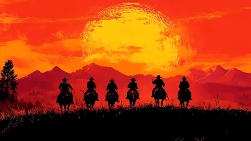 Cowboy silhouettes ride toward a vivid red western sunset.