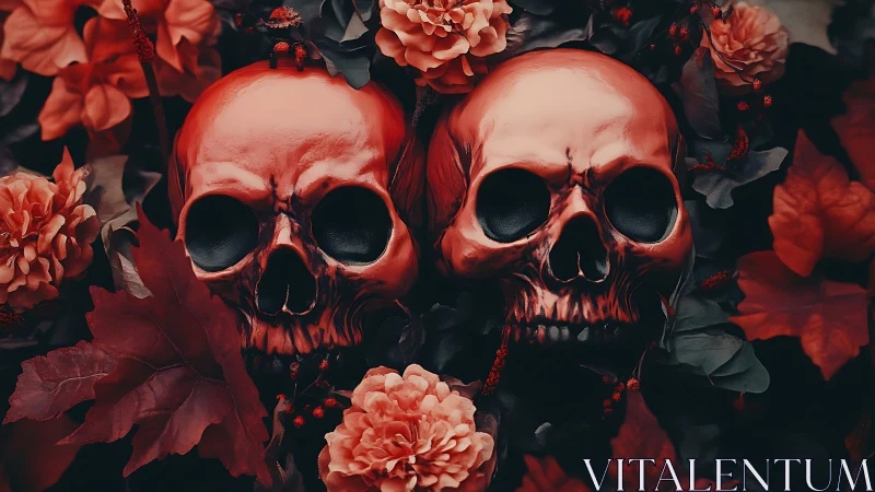 Chromatic dual crania embedded in dense floral occlusion.