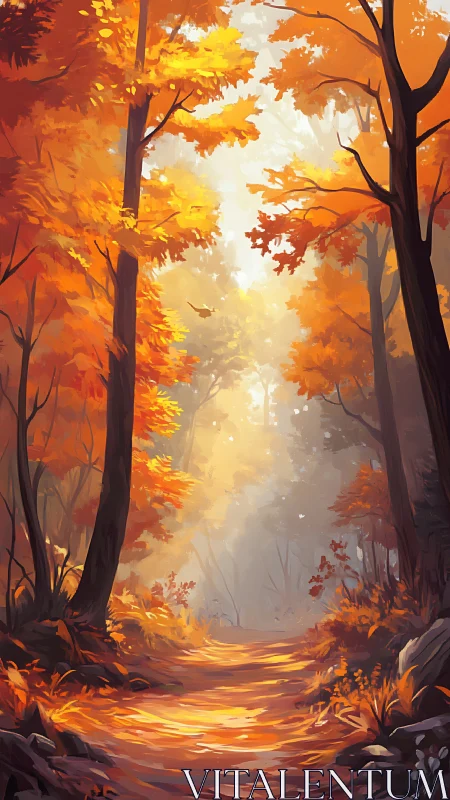 Autumn Forest Path Glowing with Warm Seasonal Light