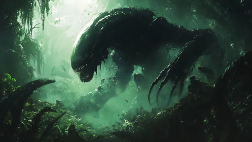 Predatory alien colossus stalking through bioluminescent swamp.
