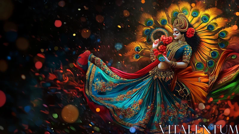Hindu goddess figure dances in ornate peacock feather aura