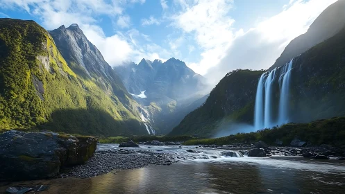 Mountain valley river reflects tall waterfalls under clear sky