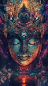 Cybernetic deity portrait glows with neon fractal filigree.