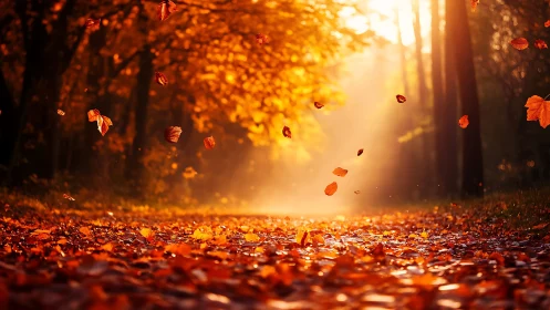 Autumn forest path glows under drifting golden leaves.