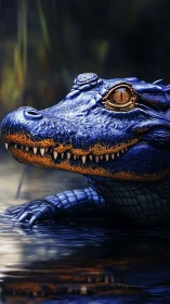 Bioluminescent blue alligator emerging from water with hyperreal scales