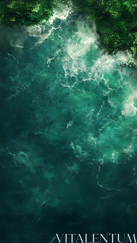 Top view of dense green shoreline above turbulent water.