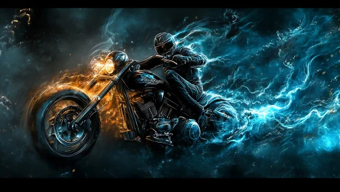 High-contrast neon biker accelerates through dual-color energy trails