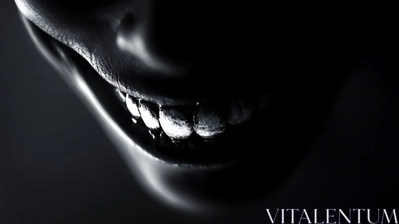 Sinister metallic smile emerging from stark darkness.