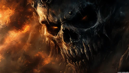 Fiery demonic skull emerges from darkness in infernal blaze