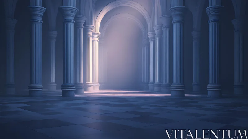 Luminous neoclassical hall with misted colonnade glow.