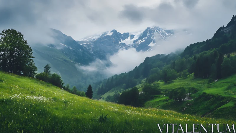 Misty alpine valley frames snowcapped peaks and green meadows.