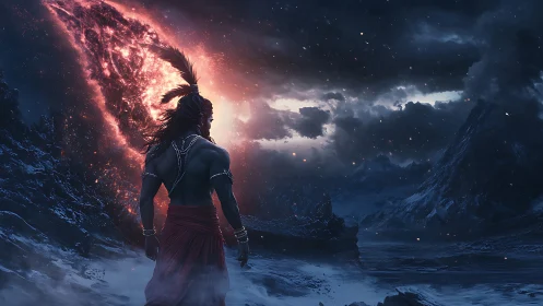 Warrior observes unstable fiery rift over frozen valley