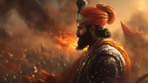 Ember-crowned warrior king strides through storm of spears.