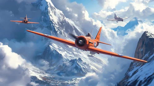 Orange training aircraft slice through icy alpine clouds.