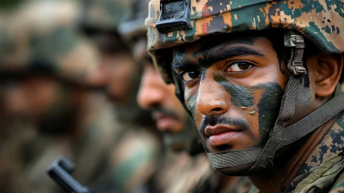 Soldier with camouflage face paint maintains focused frontline stare