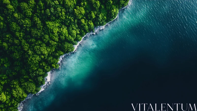 Aerial view of dense forest coastline meeting turquoise water