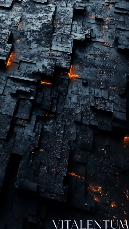 Volcanic-lit fractured metal grid with recessed geometric layers