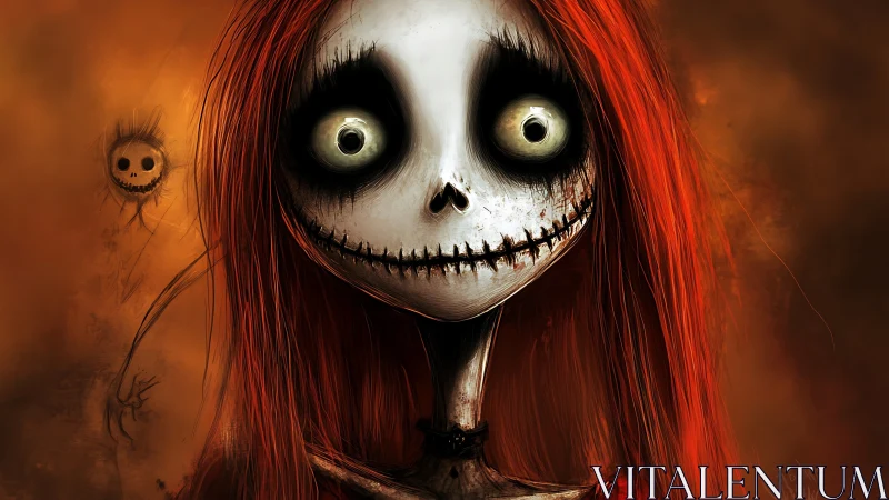 Skeletal figure with red hair faces viewer against orange haze