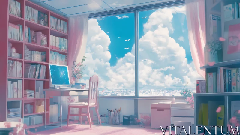 Sunlit pastel study room with large panoramic cloud window