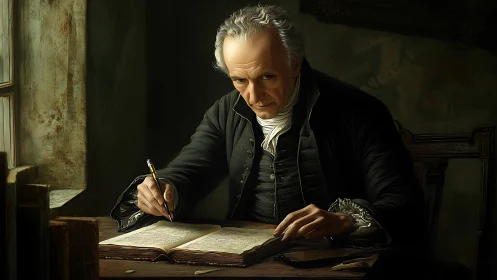 Ink-stained resolve bends time as the stern scribe writes