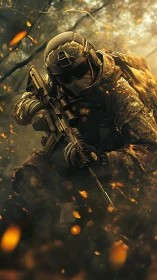 Forest guardian in tactical gear, paused in embered dusk.