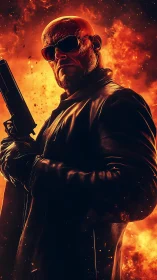 Gunman in leather coat framed by blazing inferno backdrop.