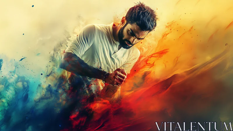 Storm-charged athlete forged in swirls of liquid fire and sky.