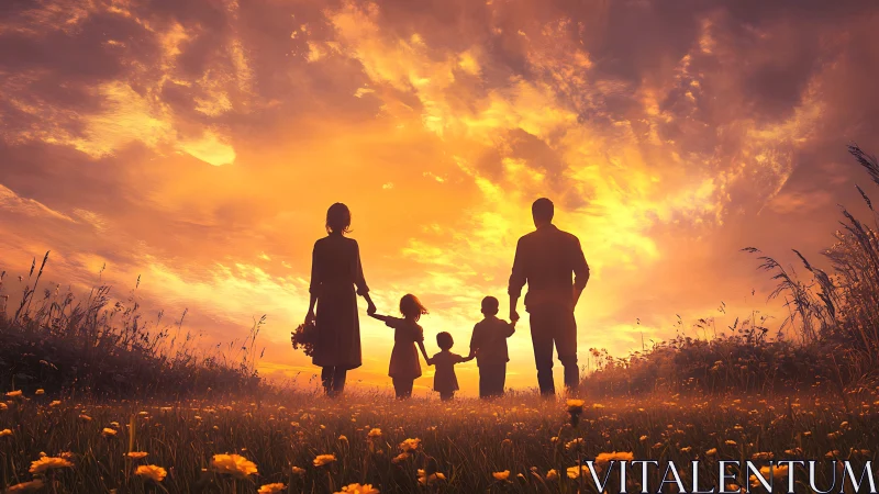 Digital painting silhouette family under expansive sunset sky.
