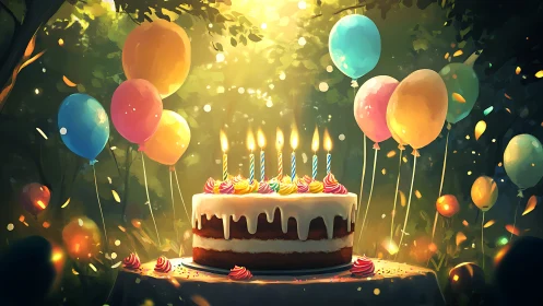 Celebratory Layer Cake Glows Against Enchanted Forest Backdrop