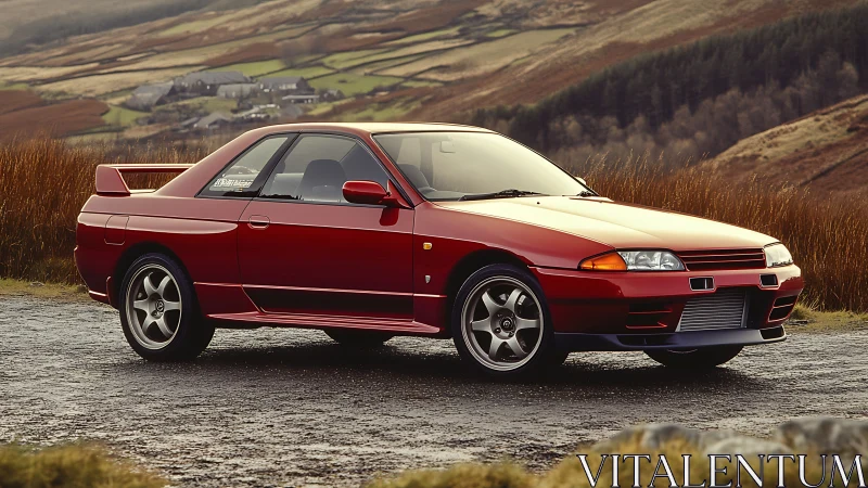 Red two-door sport coupe parked on rural hillside road.