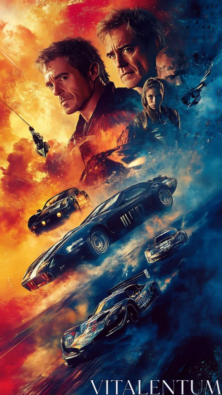 High-octane racers surge beneath intense heroic faces in fire