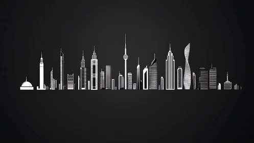 Monochrome skyline silhouette uses linear high-rise profiles on black