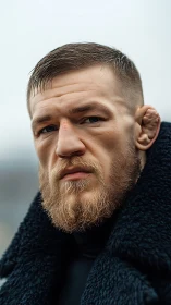 Close portrait captures stern bearded man in dark coat