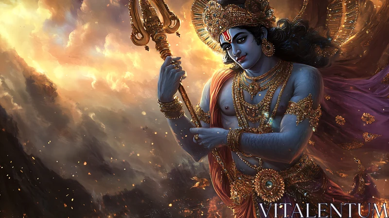 Mythic blue deity with trident amid fiery celestial storm