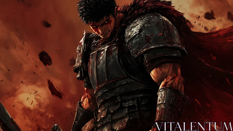 Battle-scarred warrior in black plate armor amid burning dust