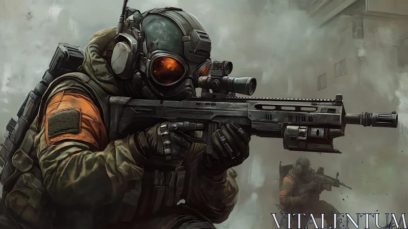 Tactical operator in urban fog with modular rifle optics.
