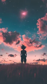 Lone anime warrior gazes into a glowing cosmic sunset sky